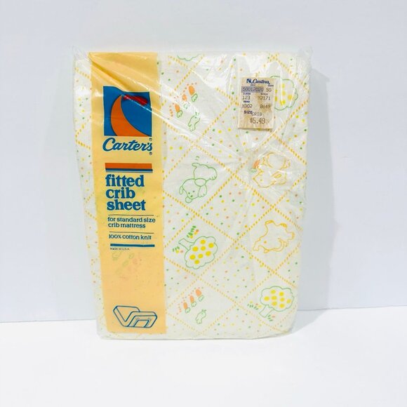 NIP Vintage Carters Cotton Yellow White Baby Animals Fitted Crib Sheet - Picture 1 of 3